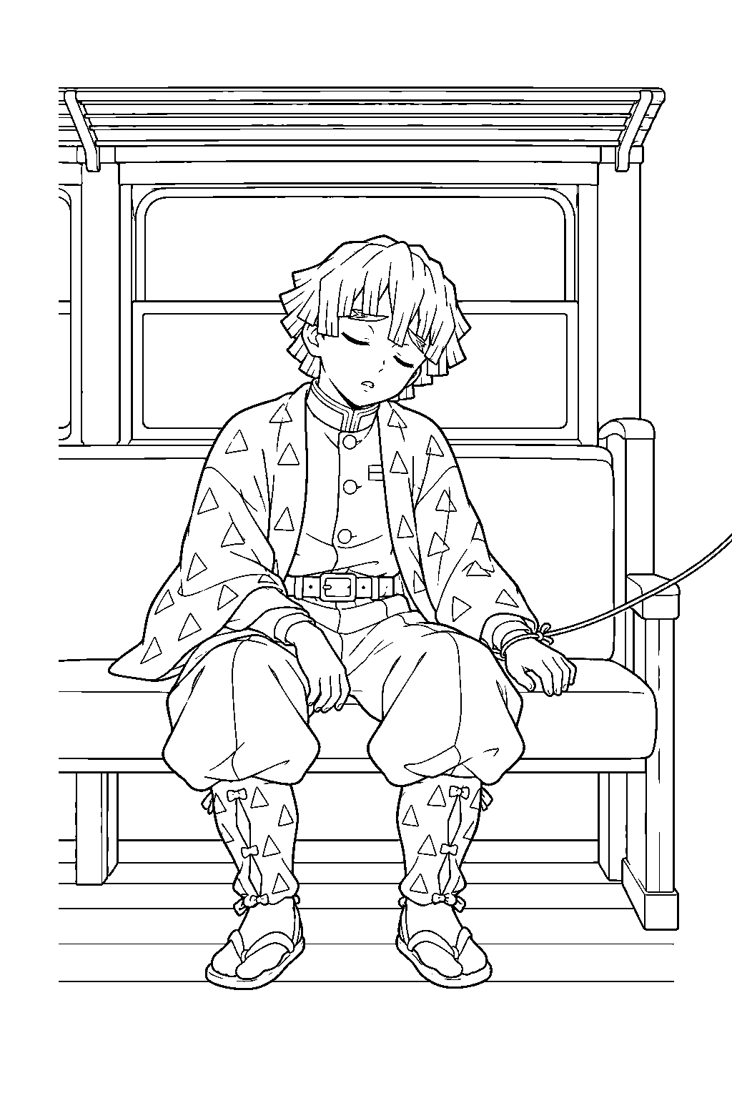 zenitsu asleep on a mugen train bench with enmu s dream rope around his wrist line art