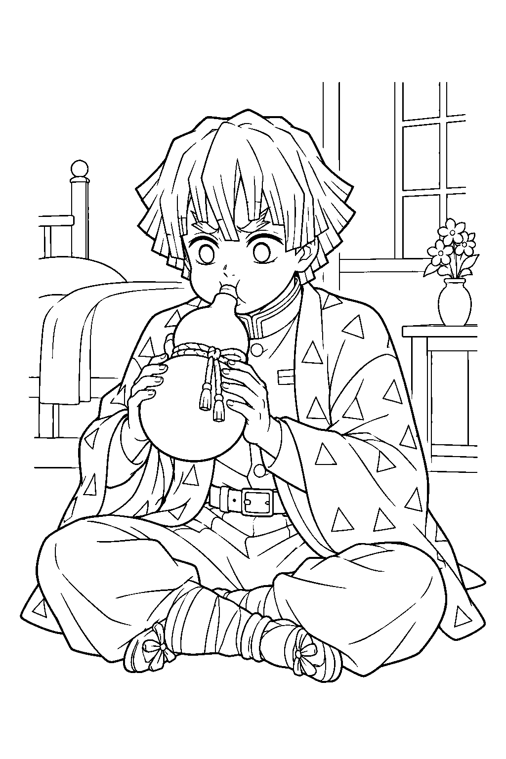 zenitsu blowing into a training gourd to strengthen his breathing at the butterfly mansion line art