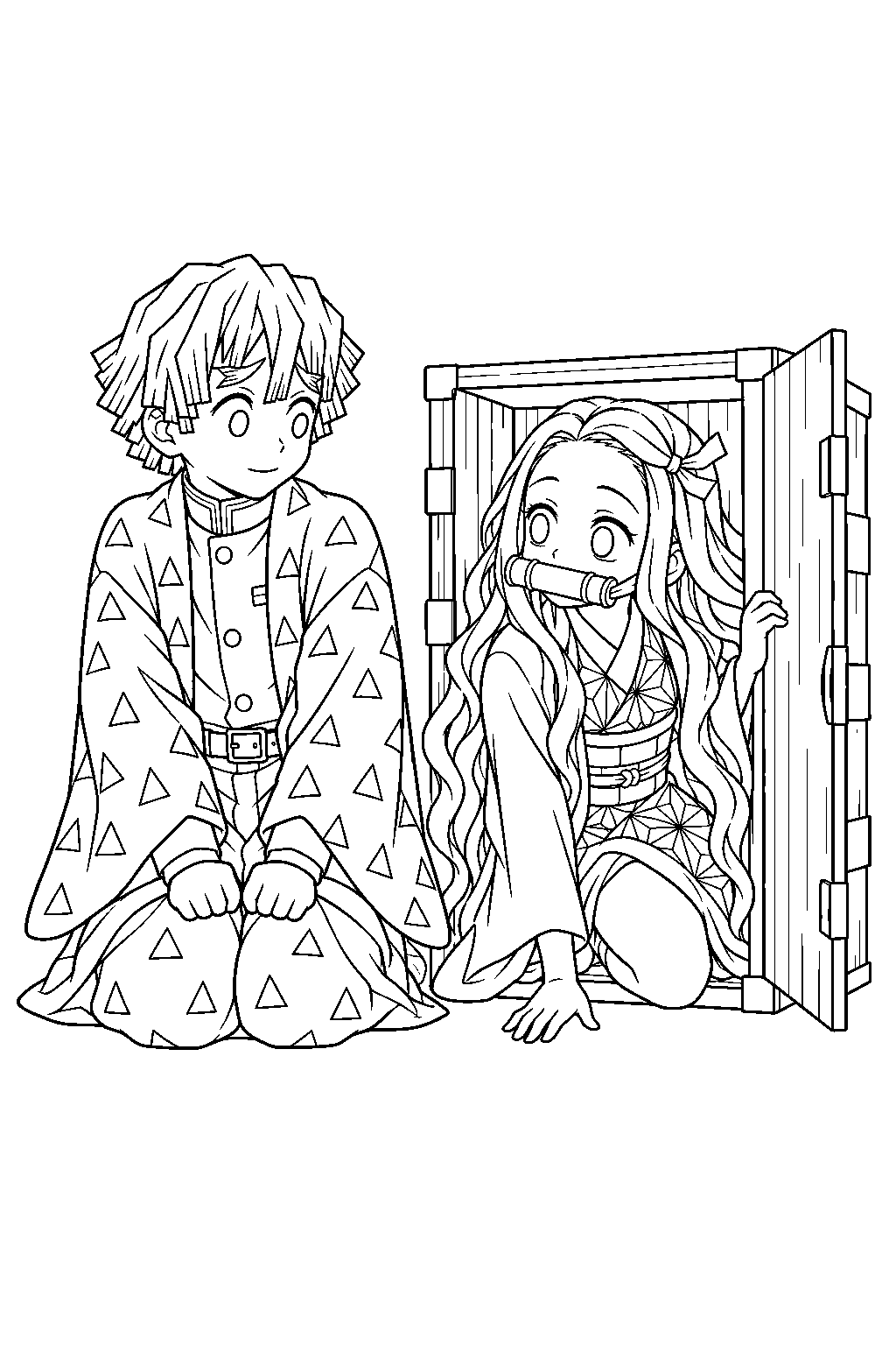 zenitsu blushing as nezuko steps out of her wooden box at the wisteria house line art