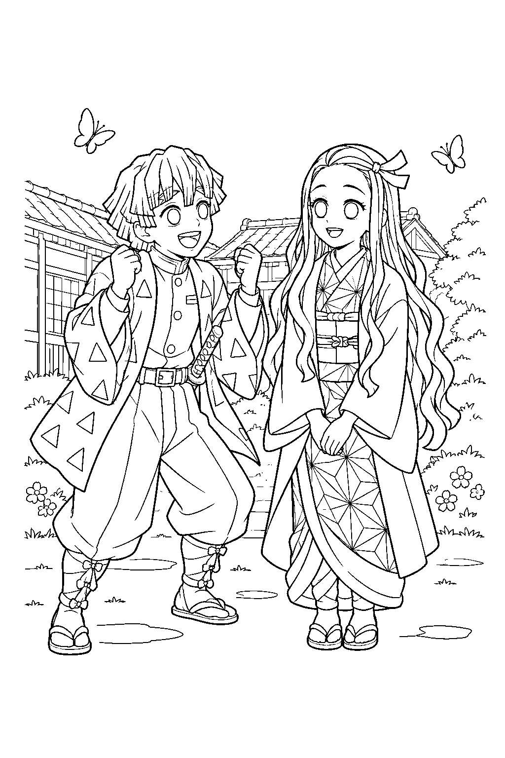 zenitsu celebrating nezuko standing safely in the sunlight at the butterfly mansion line art