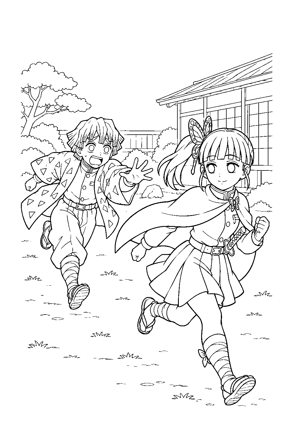 zenitsu chasing kanao tsuyuri during rehabilitation tag training at the butterfly mansion line art