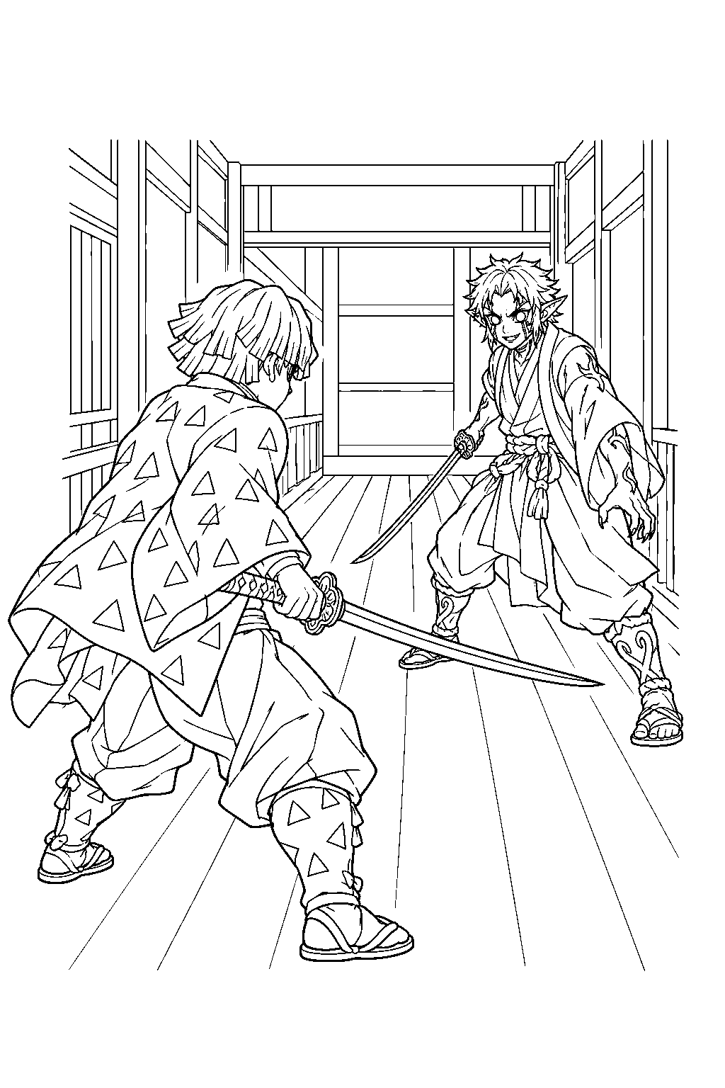 zenitsu confronting kaigaku with his sword drawn in an infinity castle corridor line art