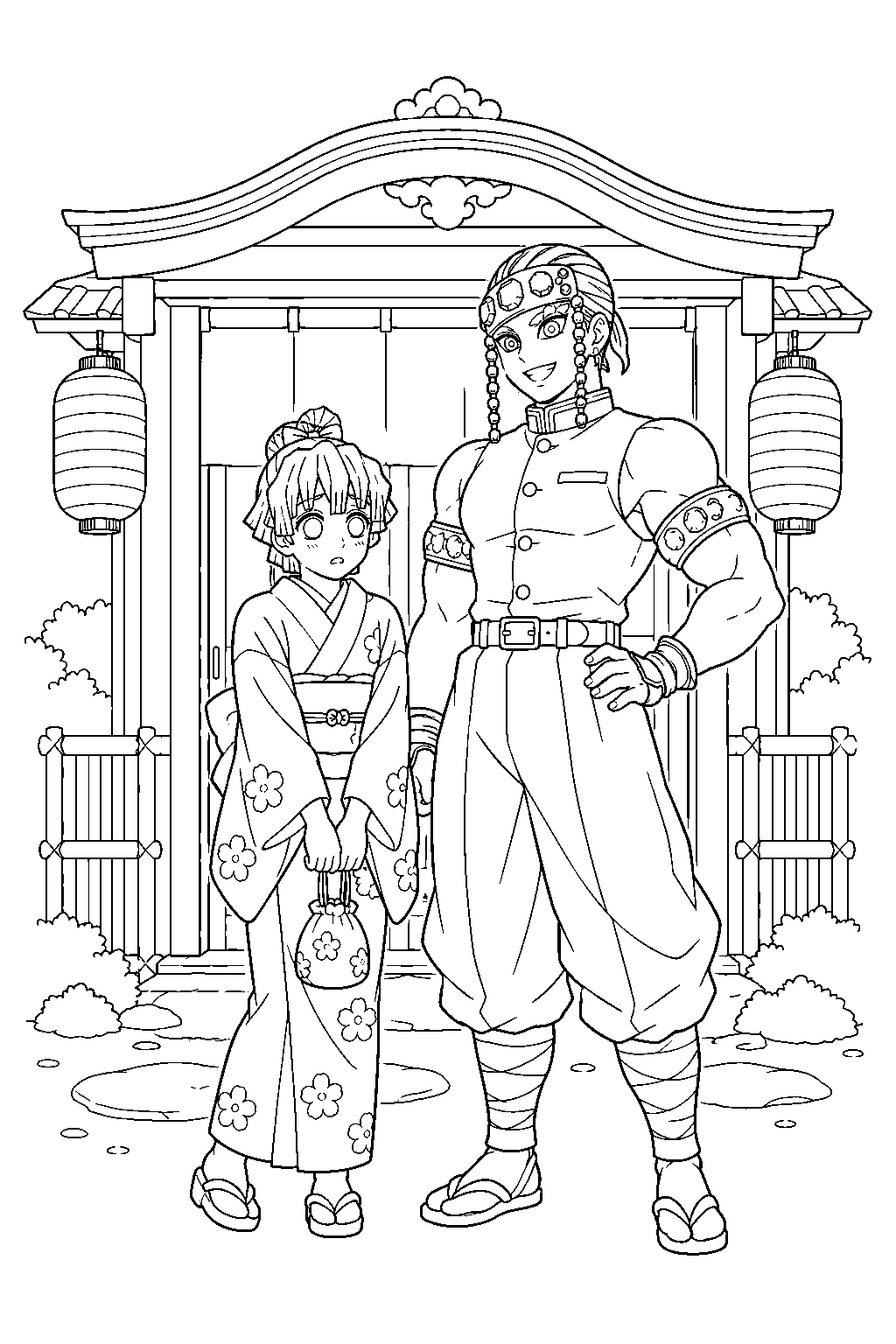 zenitsu disguised as zenko in a kimono arriving at kyogoku house with tengen uzui line art