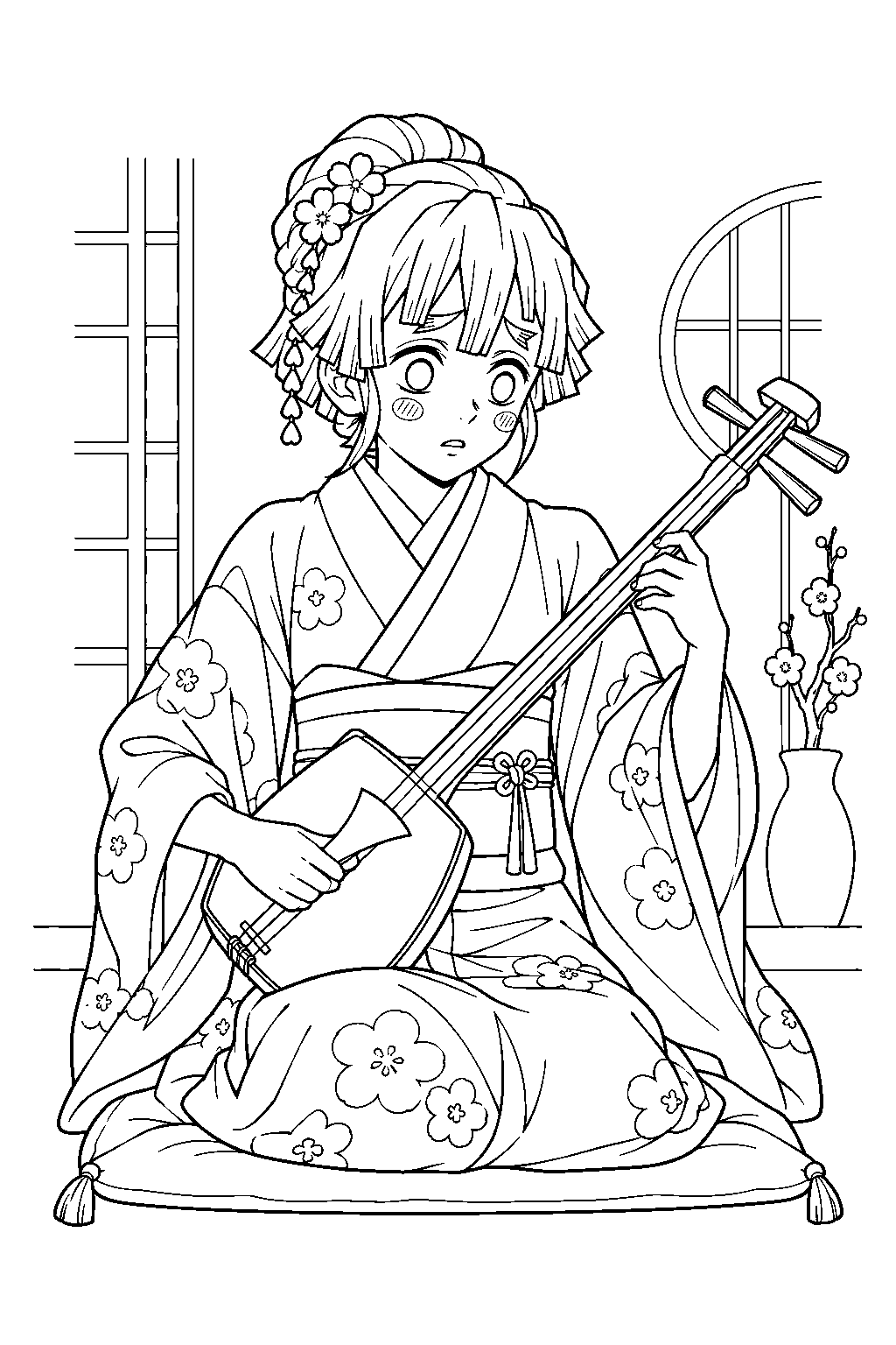 zenitsu disguised as zenko playing the shamisen at kyogoku house line art