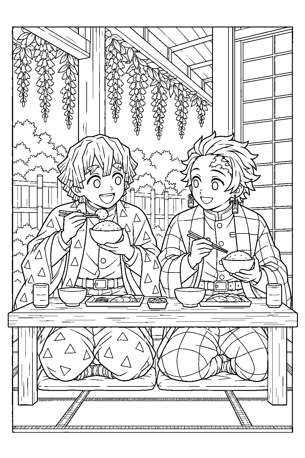 zenitsu eating a bowl of rice beside tanjiro at the wisteria house line art