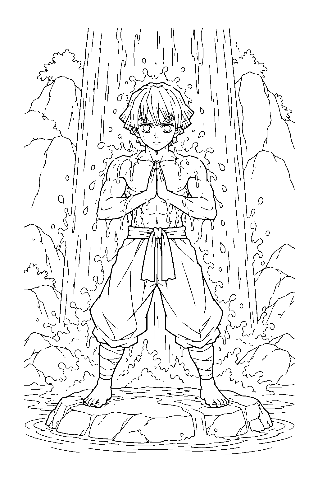 zenitsu enduring waterfall training at gyomei himejima s mountain training ground line art