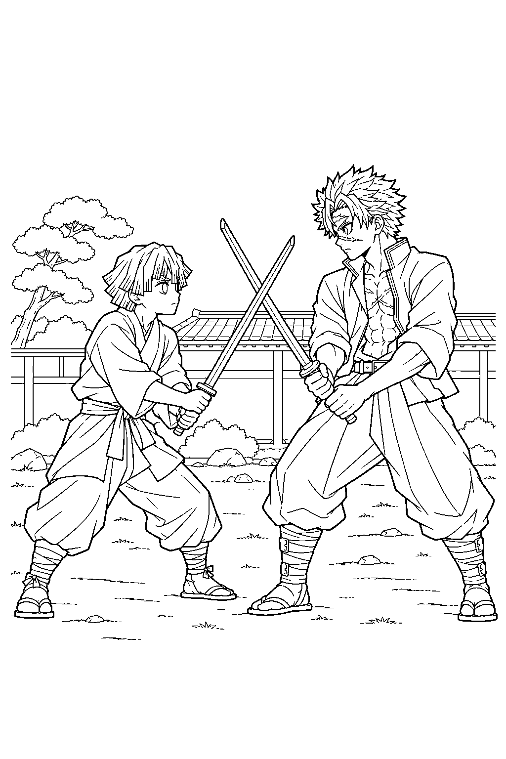 zenitsu facing sanemi shinazugawa with a wooden practice sword during hashira training line art