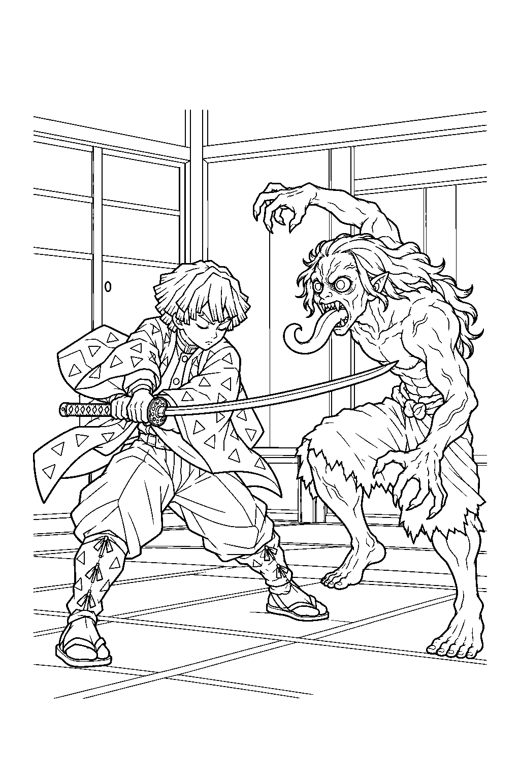 zenitsu fighting the tongue demon with his eyes closed inside tsuzumi mansion line art