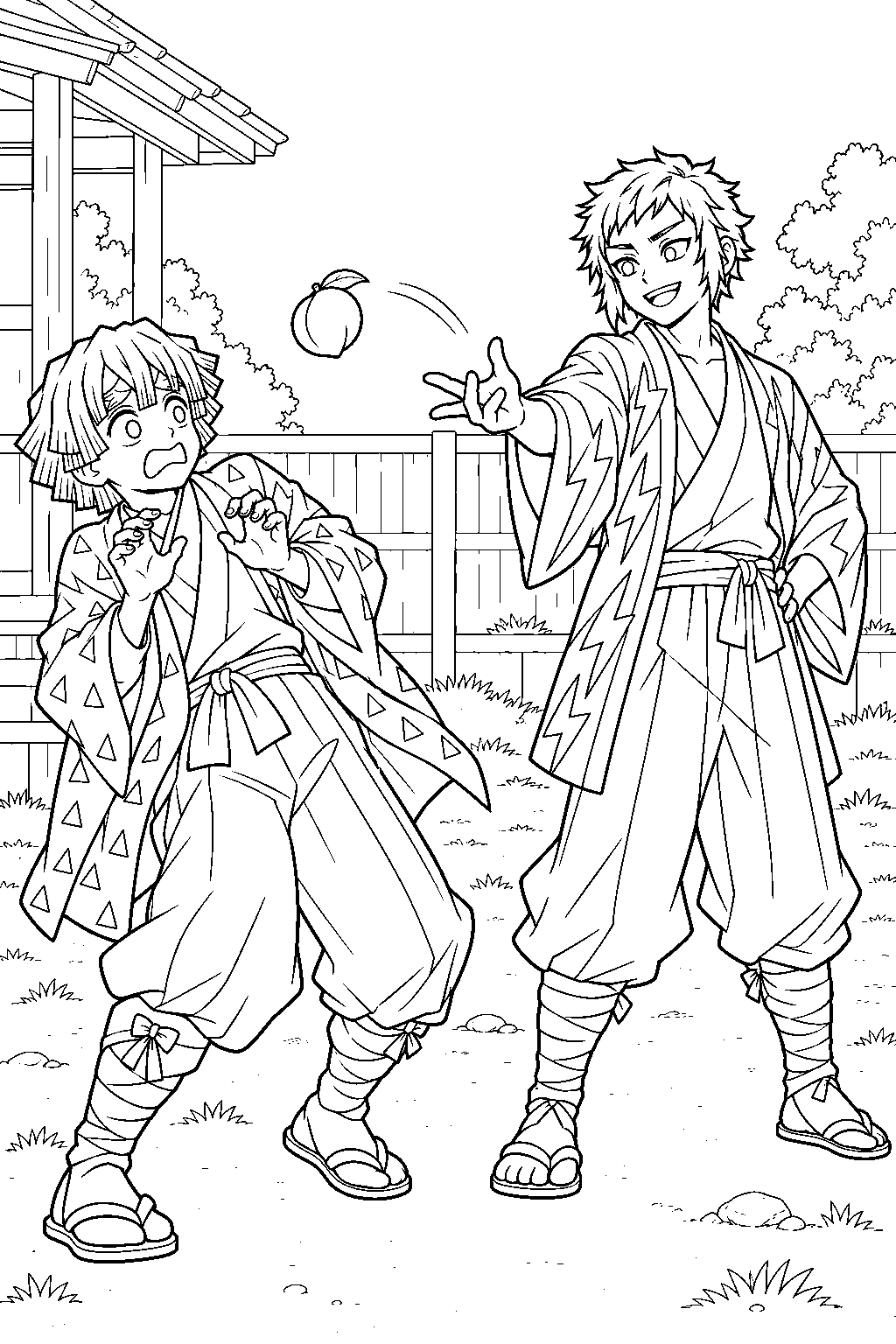 zenitsu flinching as kaigaku tosses a peach during their thunder breathing training line art