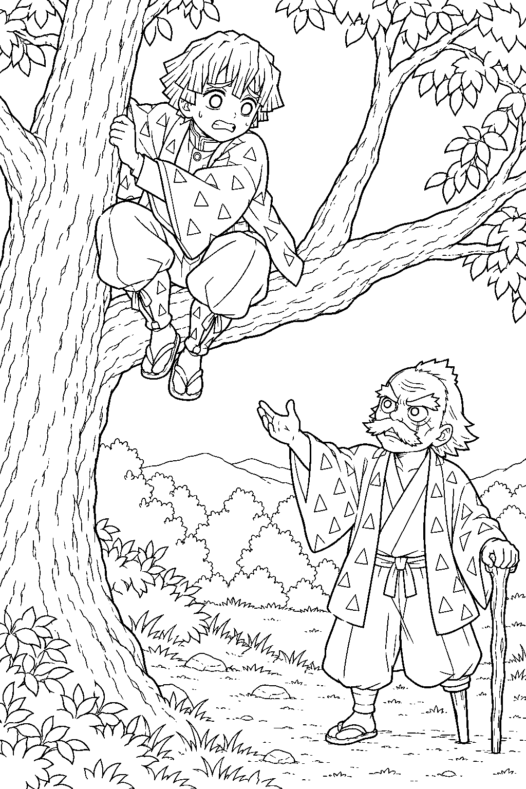 zenitsu hiding in a tree while jigoro kuwajima calls him back to training line art