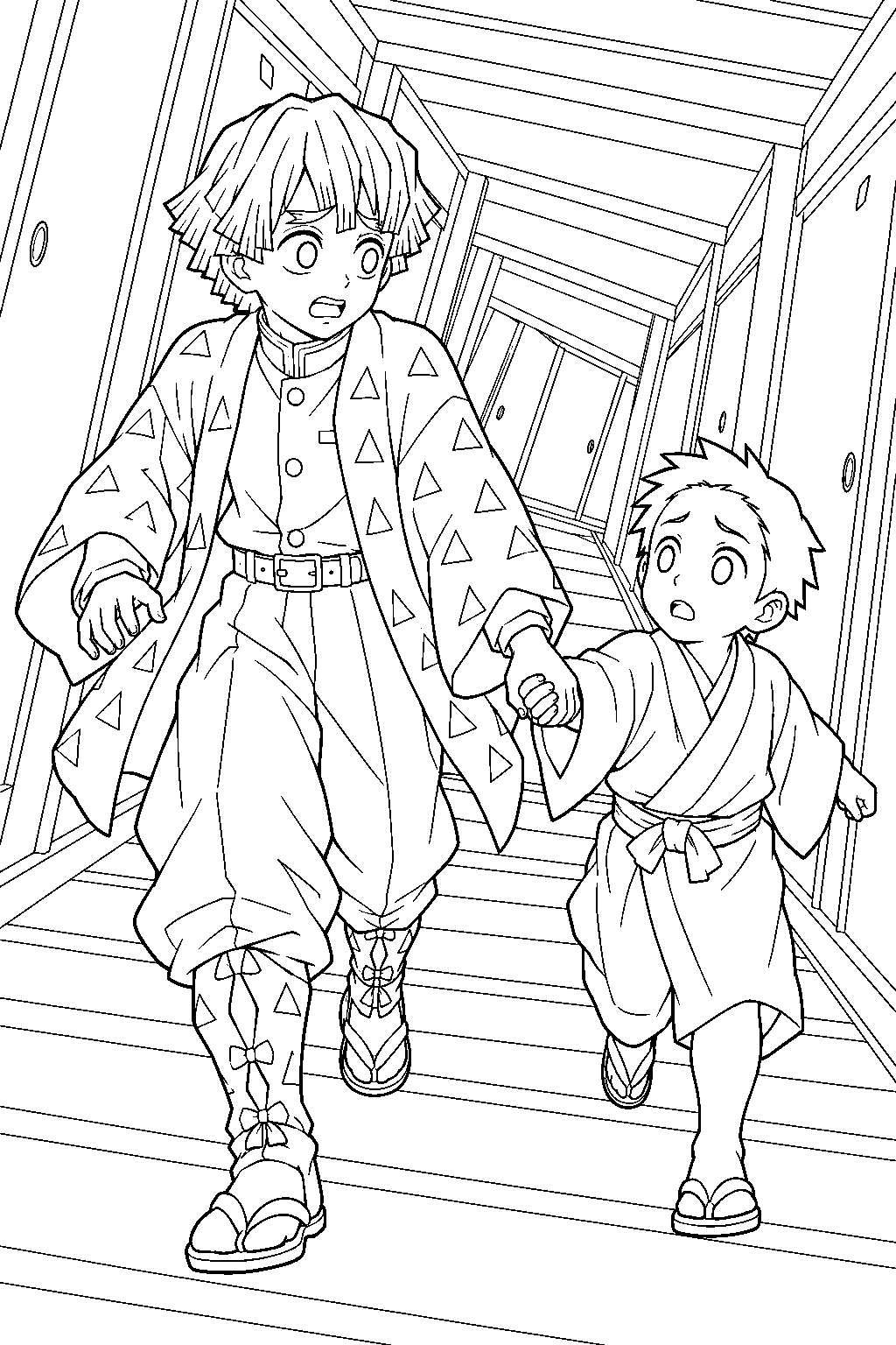 zenitsu holding shoichi s hand as they walk through a rotating corridor in tsuzumi mansion line art