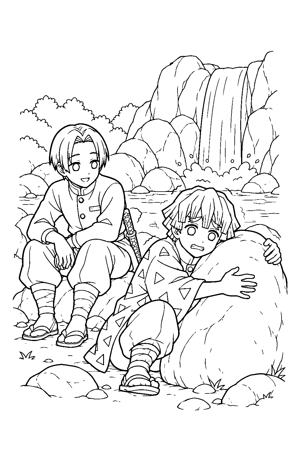 zenitsu hugging a warm boulder beside murata after the icy waterfall training line art