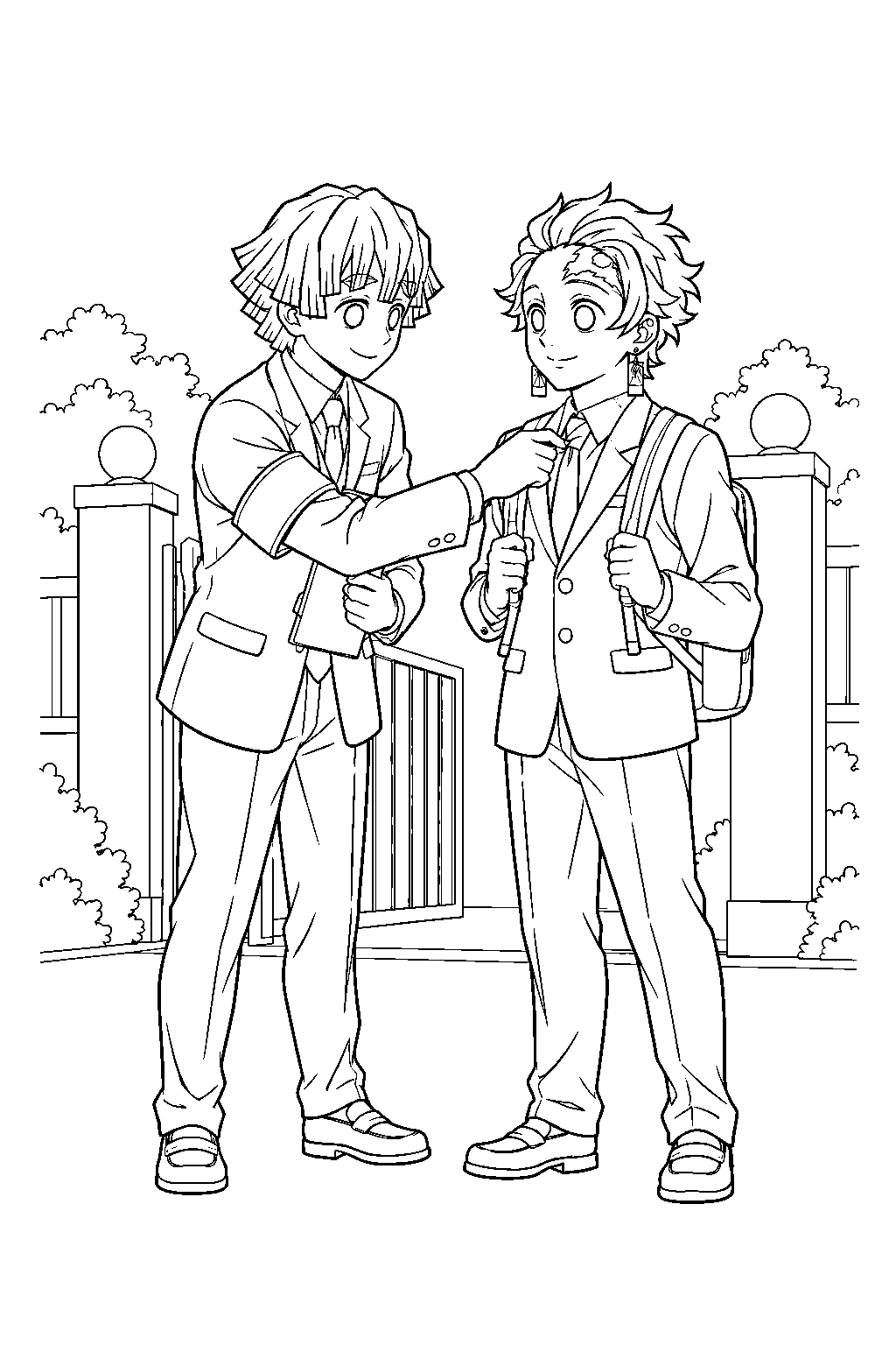 zenitsu in his kimetsu academy uniform checking a student s outfit at the school gate line art