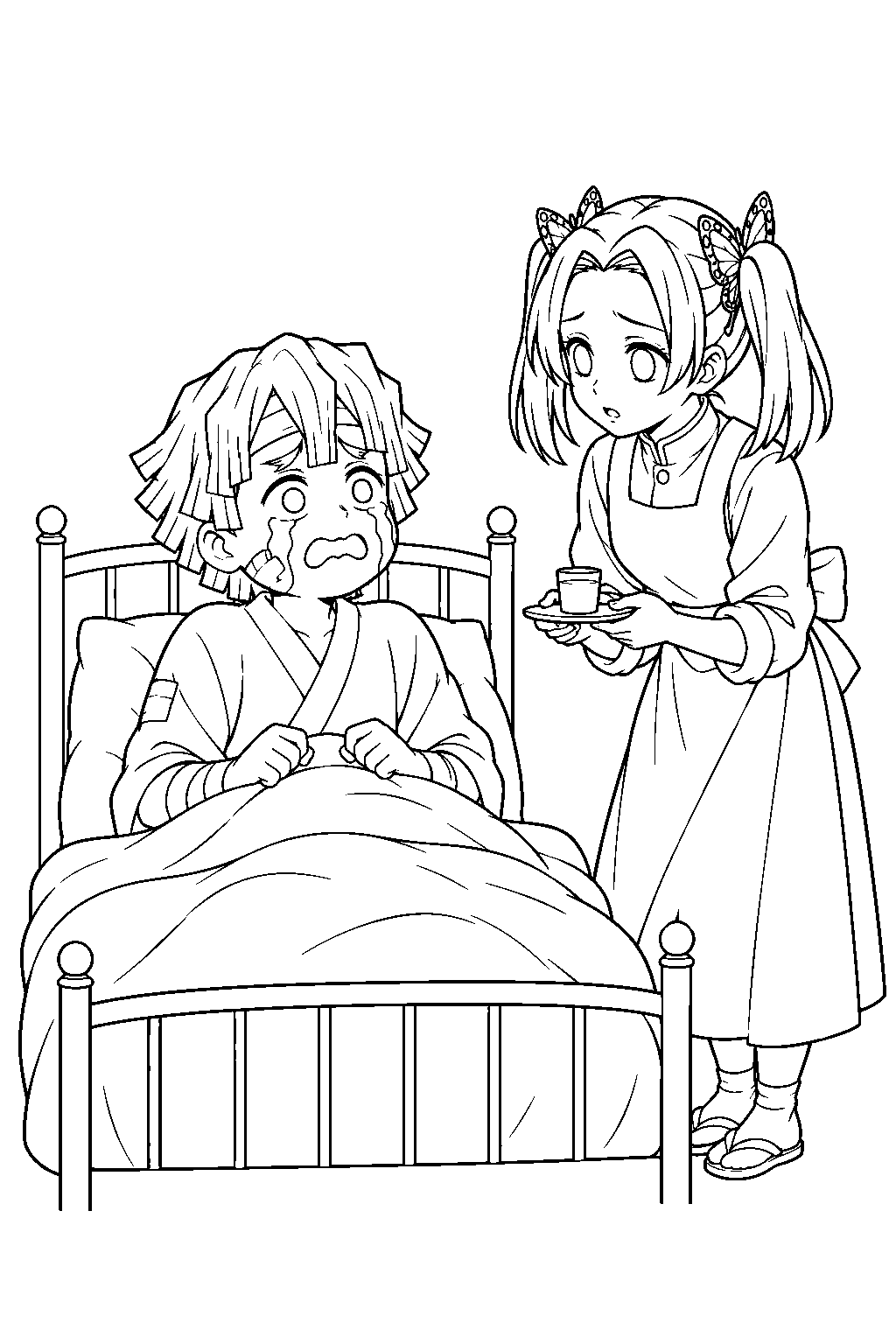 zenitsu making a tearful face as aoi brings medicine to his butterfly mansion recovery bed line art