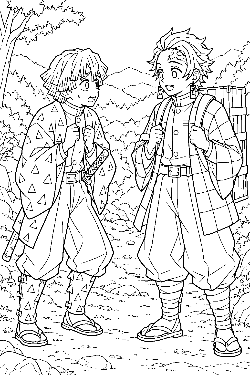 zenitsu meeting tanjiro kamado on the road to tsuzumi mansion line art