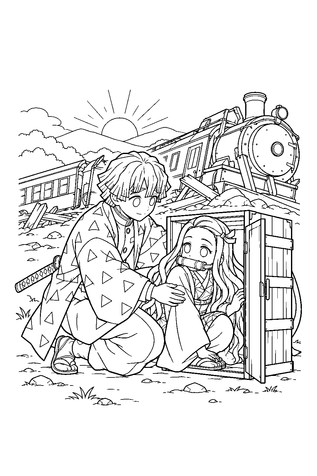 zenitsu placing nezuko safely inside her wooden box beside the derailed mugen train at sunrise line art