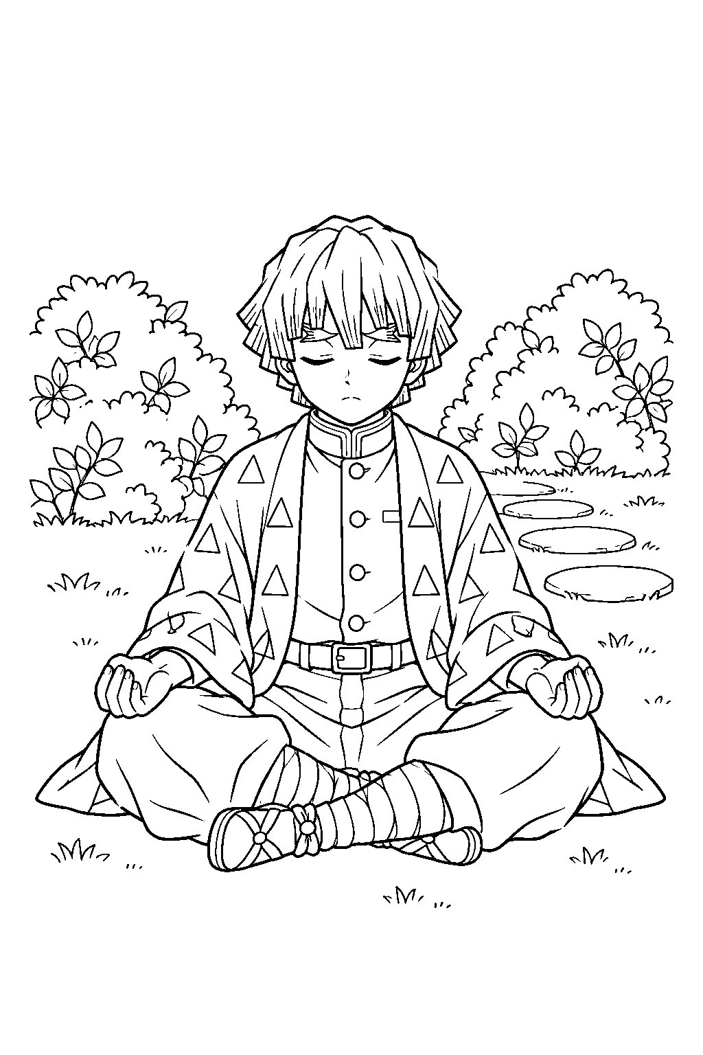 zenitsu practicing total concentration breathing while seated in the butterfly mansion garden line art