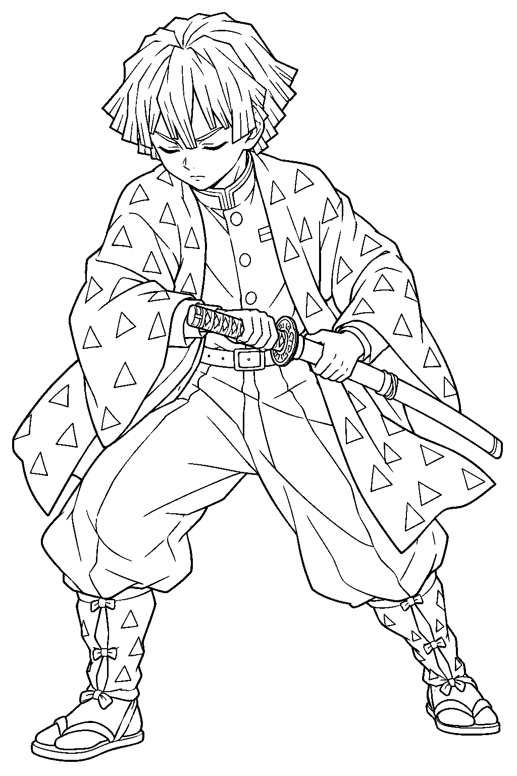 zenitsu preparing thunderclap and flash with one hand on his sword hilt and the other on the scabbard line art