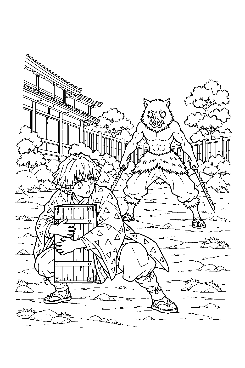 zenitsu protecting nezuko s wooden box from inosuke outside tsuzumi mansion line art
