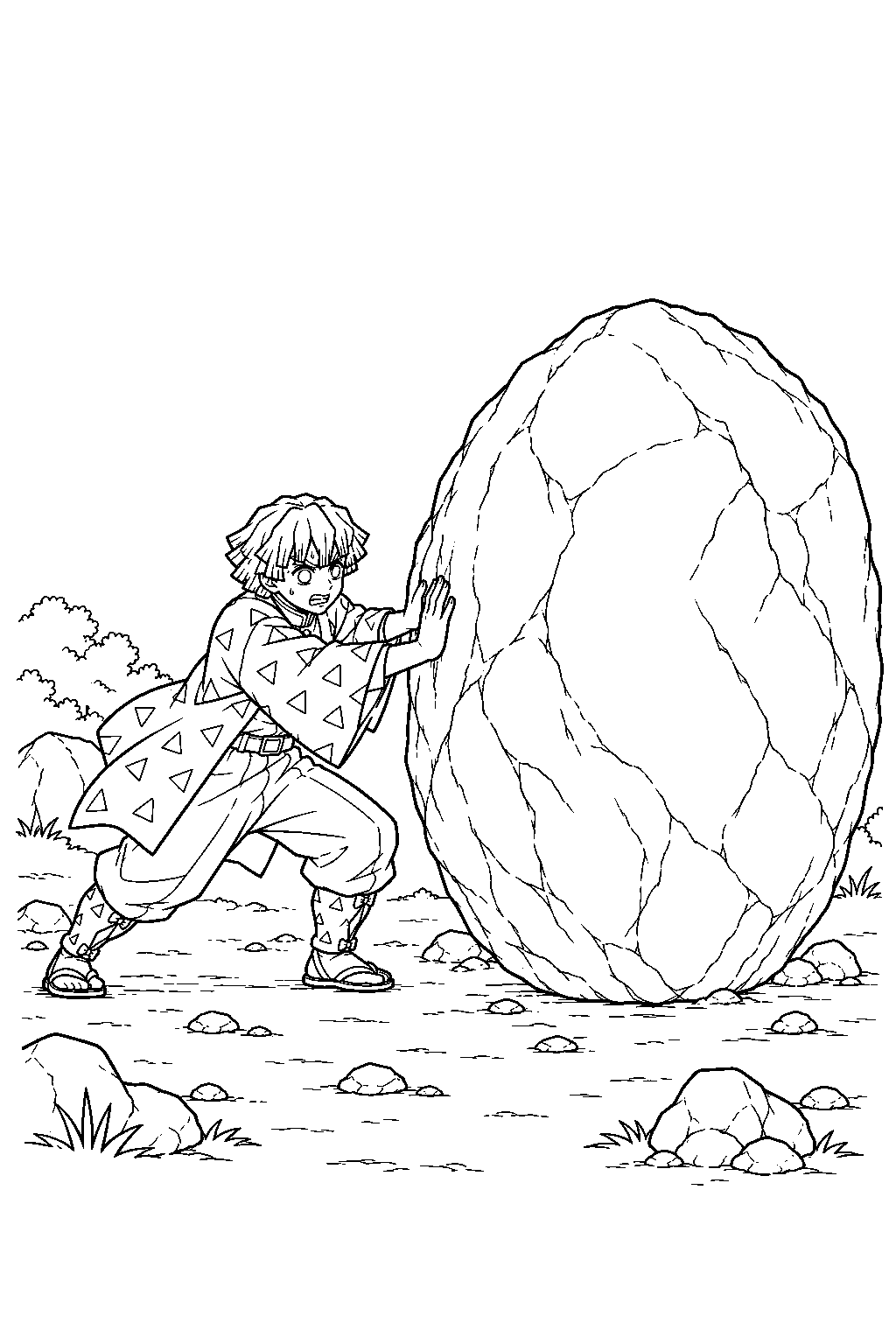zenitsu pushing a giant boulder with both palms during gyomei himejima s strength training line art