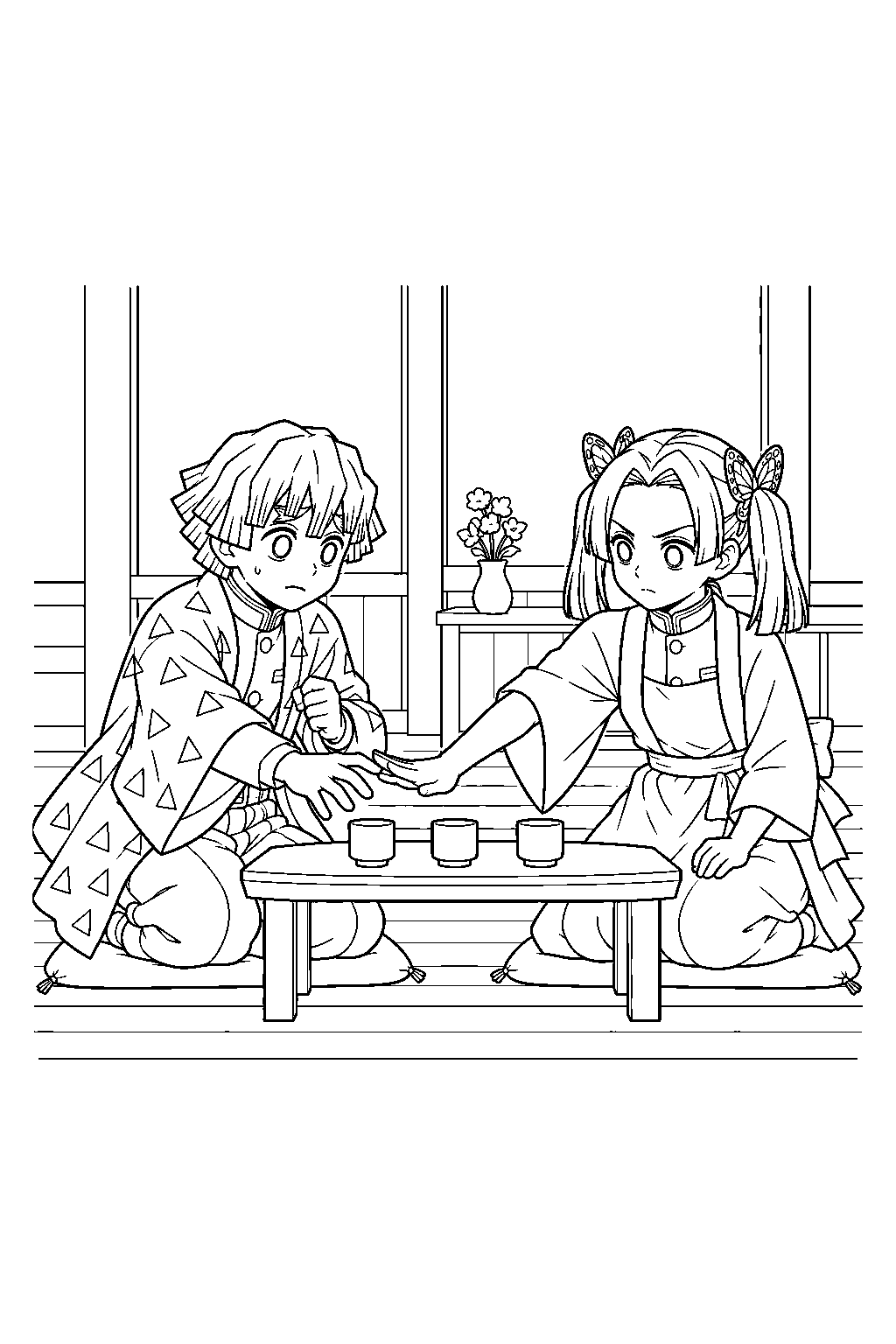 zenitsu reaching for a medicine cup during reflex training with aoi at the butterfly mansion line art