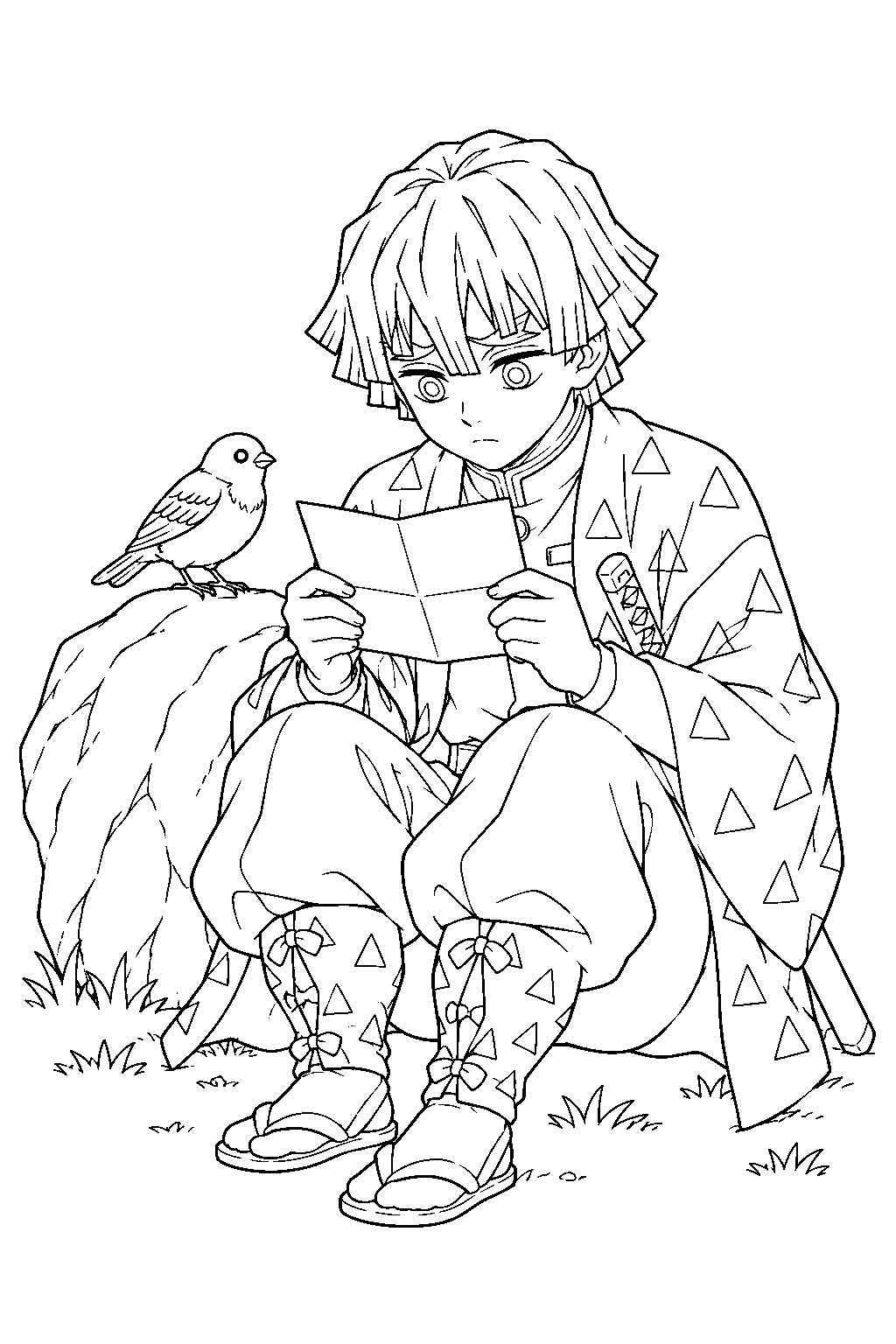 zenitsu reading the letter delivered by chuntaro during hashira training line art