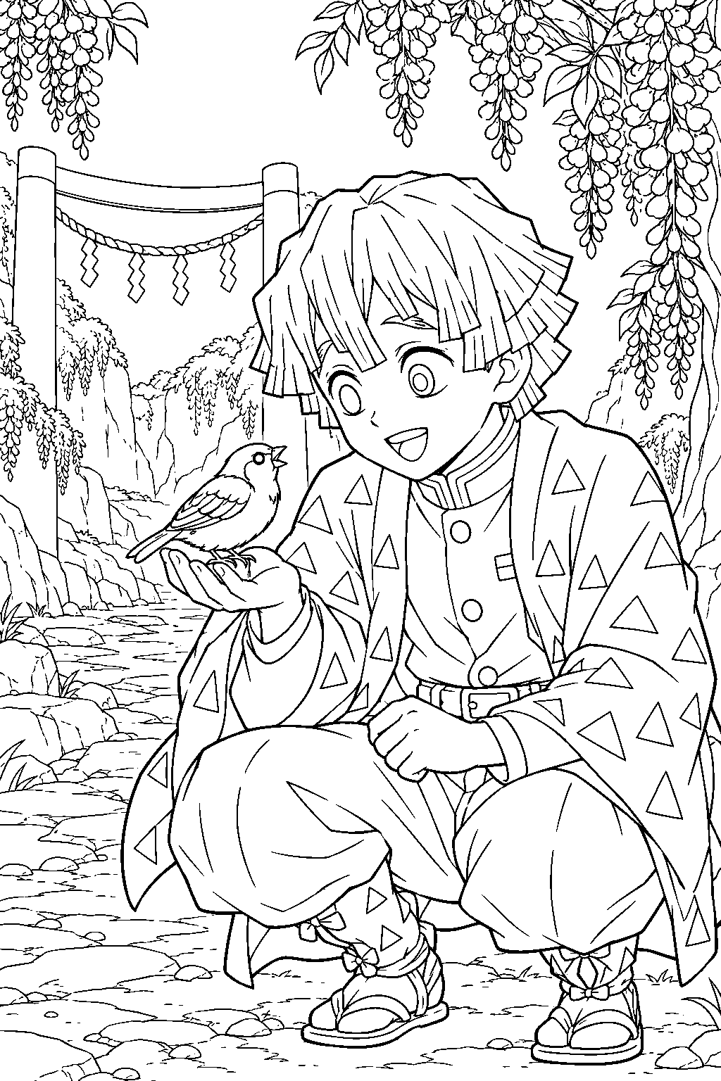 zenitsu receiving his messenger sparrow chuntaro after final selection line art