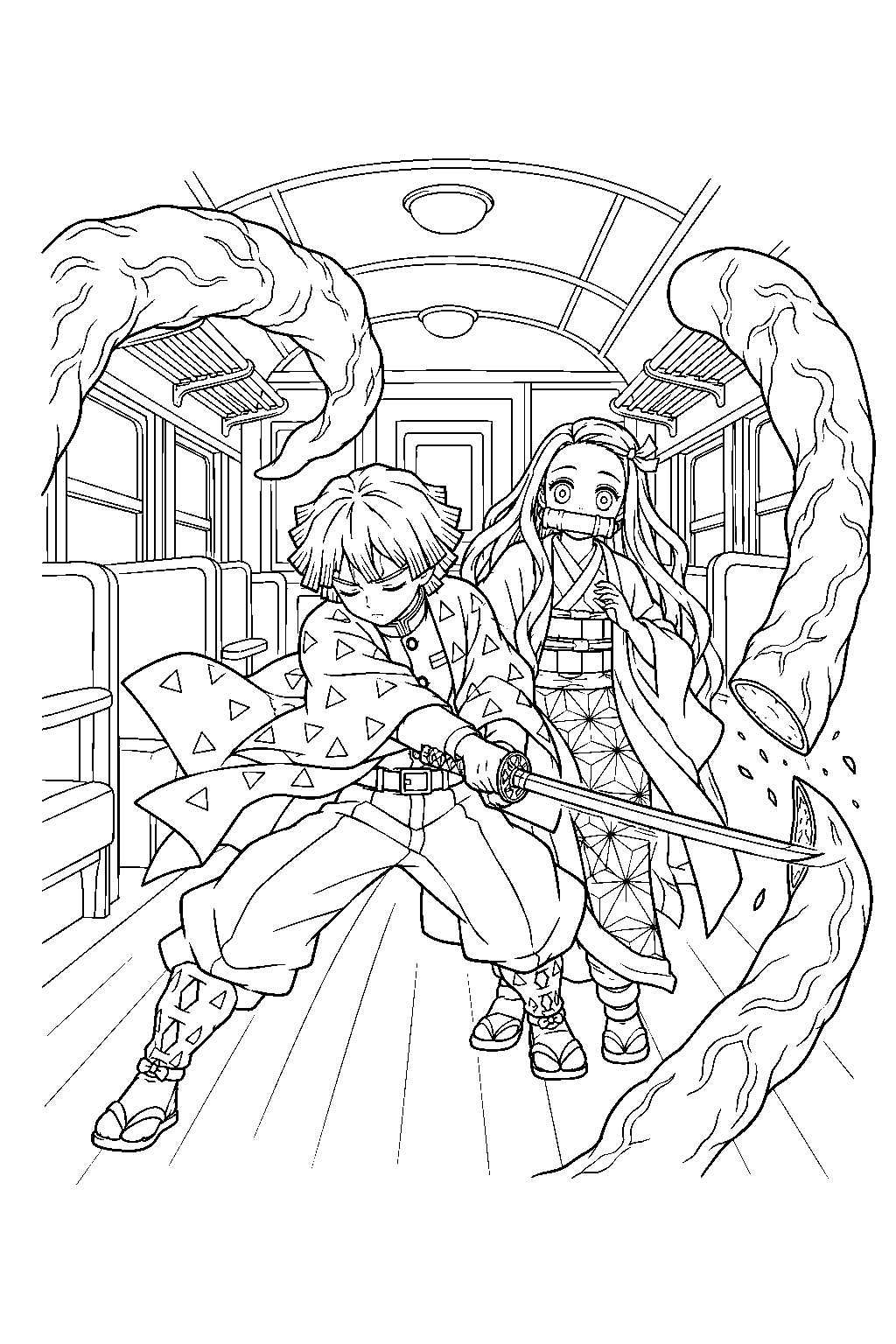 zenitsu rescuing nezuko from enmu s tentacles inside a mugen train carriage line art