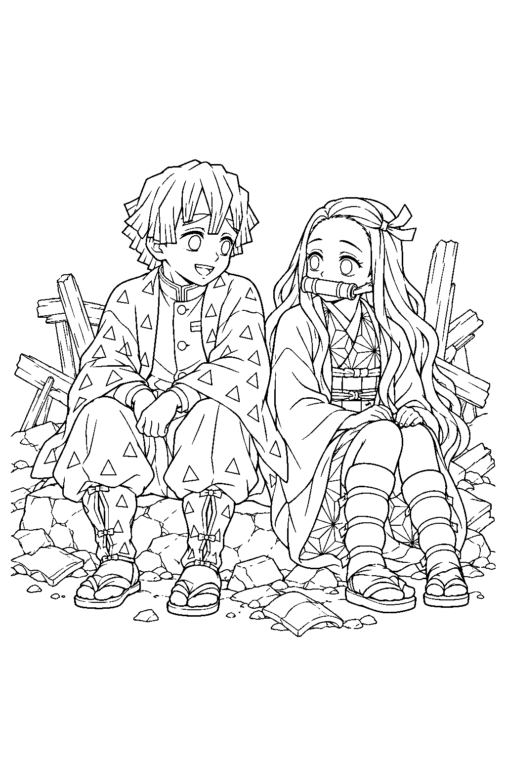 zenitsu resting beside nezuko amid the ruins after the entertainment district battle line art