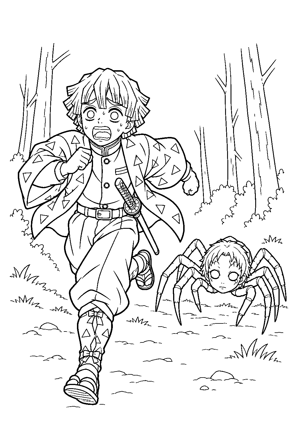 zenitsu running away from a human headed spider in the mount natagumo forest line art