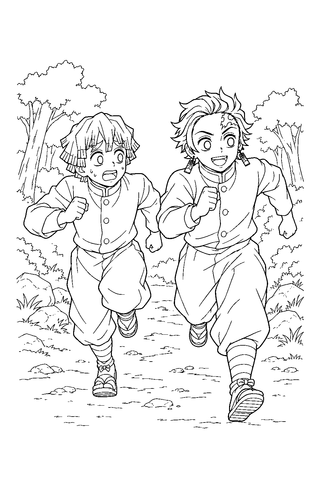 zenitsu running beside tanjiro during tengen uzui s stamina training line art