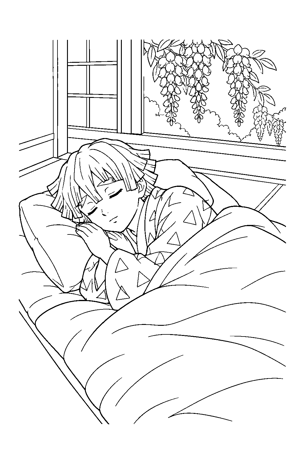 zenitsu sleeping peacefully on a futon at the wisteria house line art