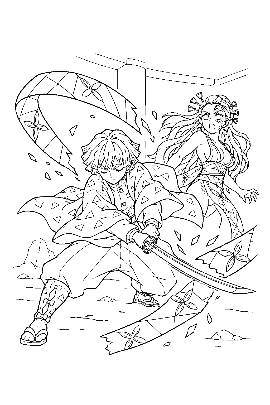 zenitsu slicing daki s obi sashes with thunder breathing in the underground chamber line art