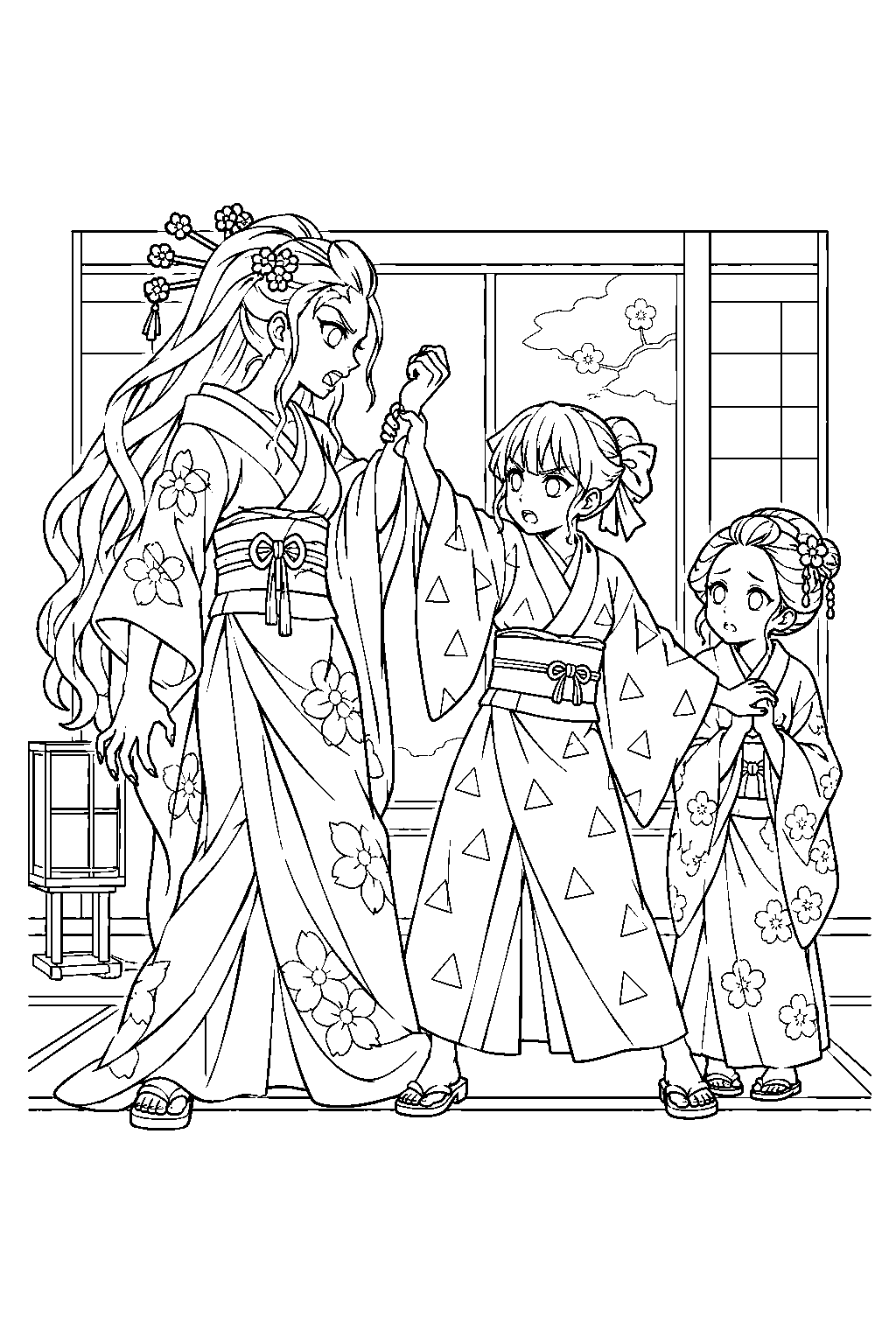 zenitsu stopping daki from hurting a young attendant inside kyogoku house line art