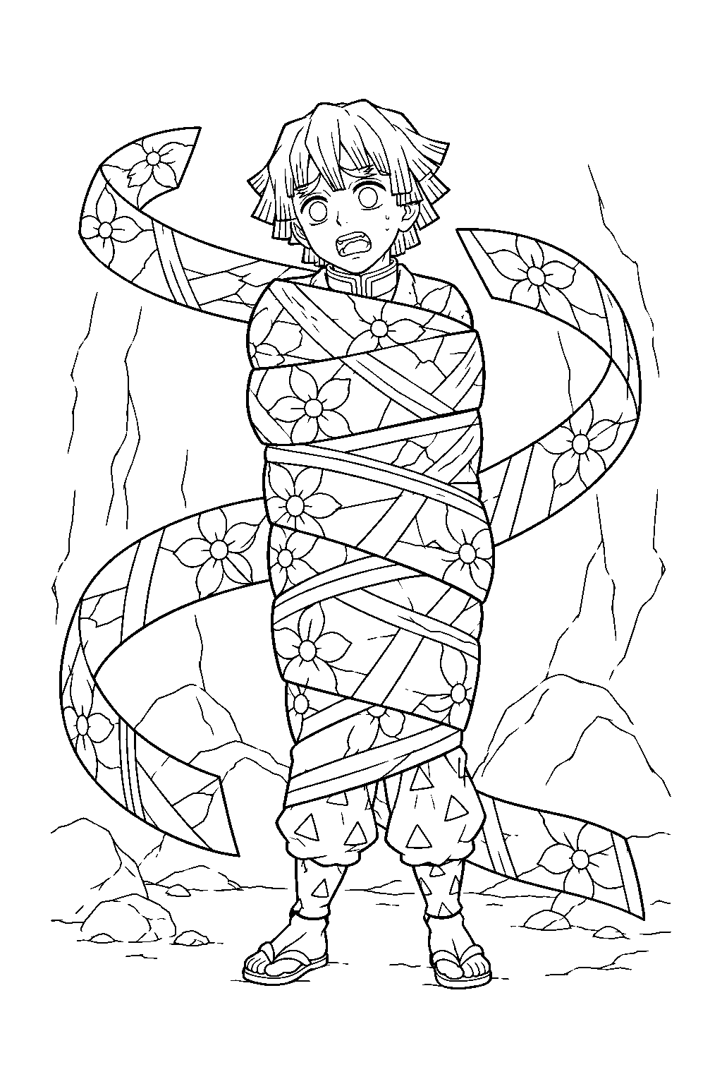zenitsu trapped inside daki s patterned obi sash in her underground chamber line art