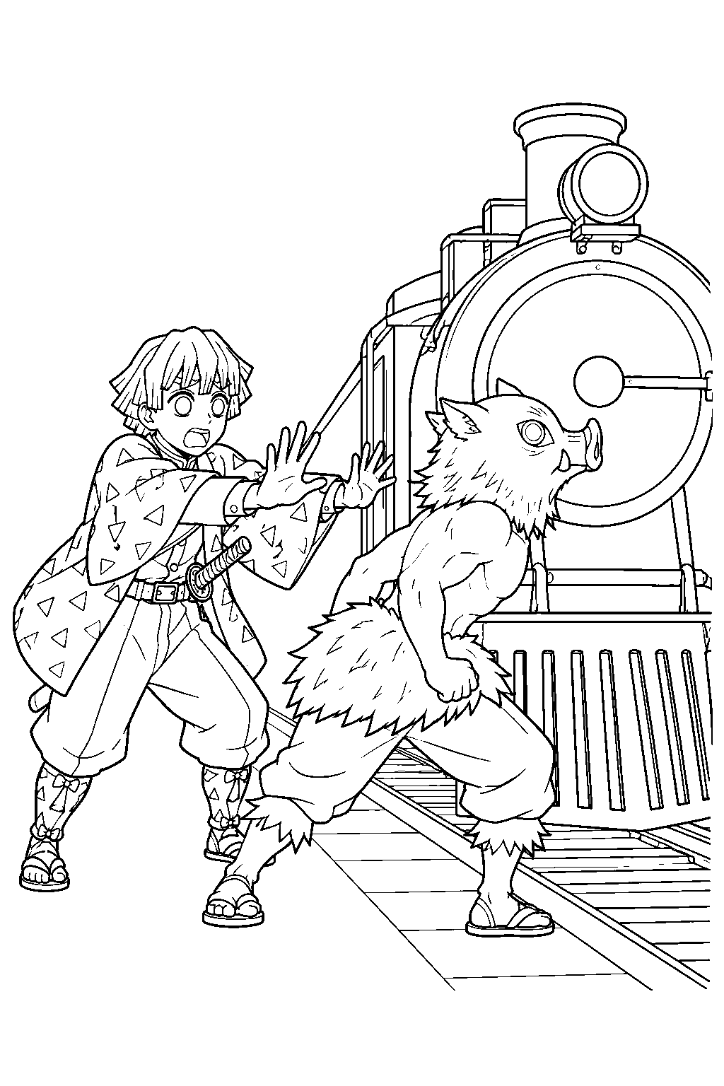 zenitsu trying to stop inosuke from challenging the mugen train at the station line art