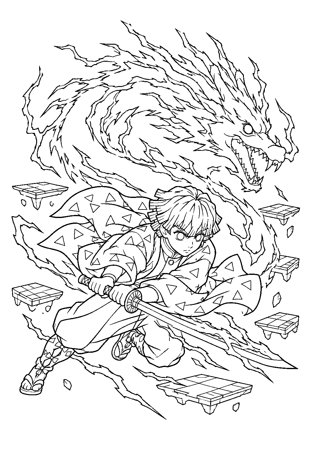 zenitsu using seventh form flaming thunder god with a dragon shaped lightning trail in the infinity castle line art