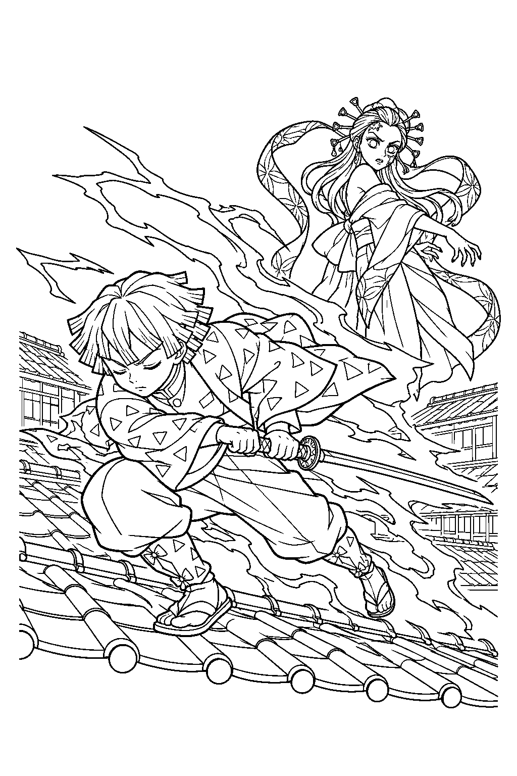 zenitsu using thunderclap and flash godspeed against daki above the entertainment district rooftops line art