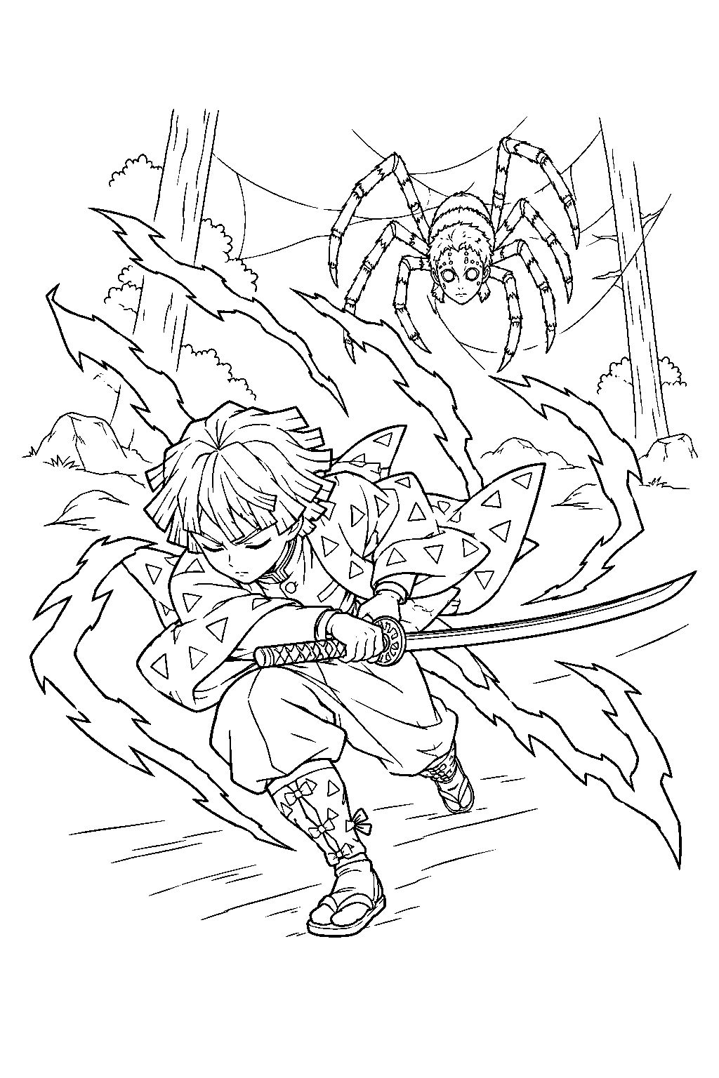 zenitsu using thunderclap and flash sixfold against the spider demon on mount natagumo line art