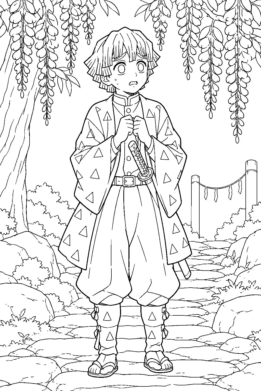 zenitsu waiting beneath the wisteria blossoms at mount fujikasane before final selection line art