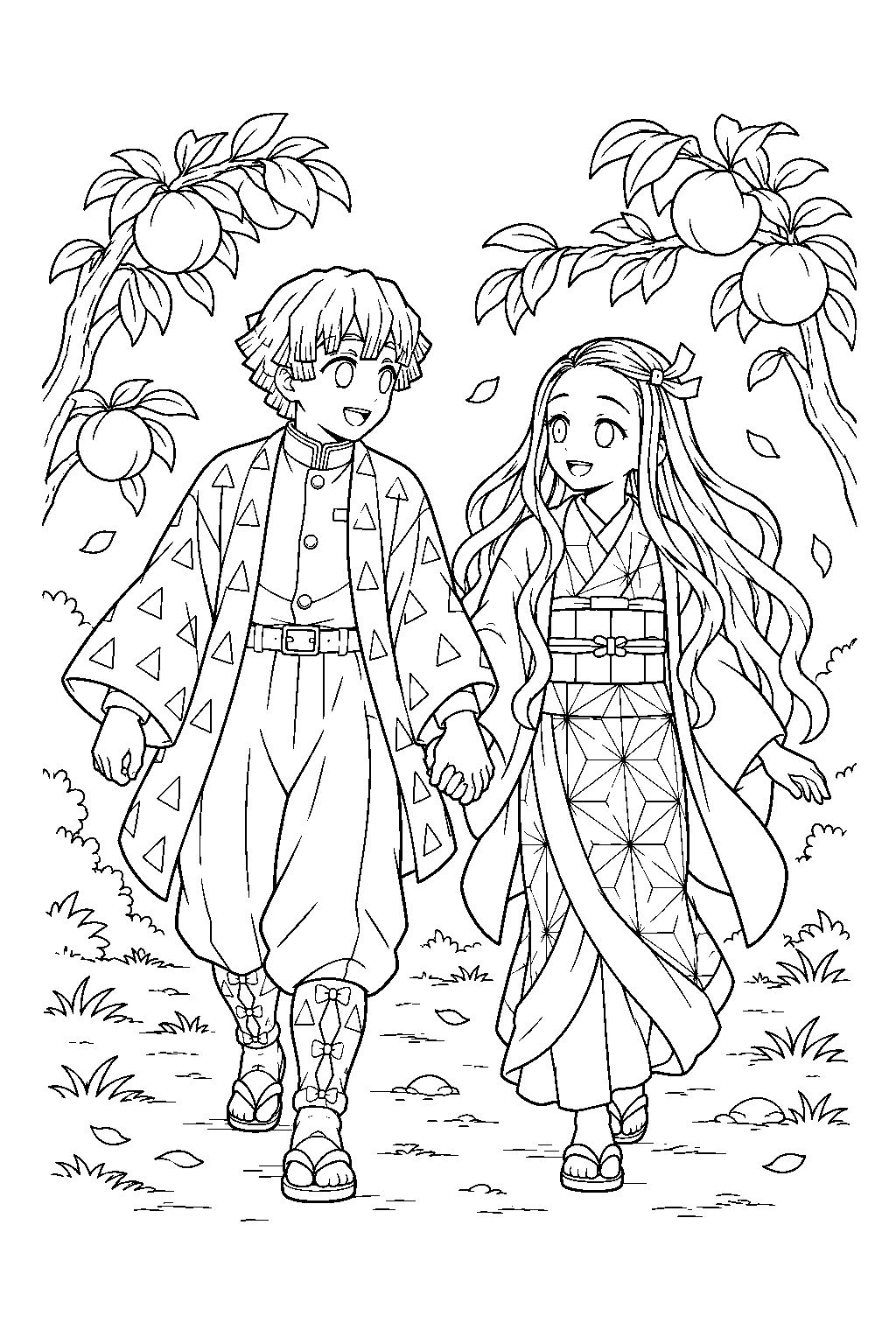 zenitsu walking hand in hand with nezuko through the peach orchard in his mugen train dream line art