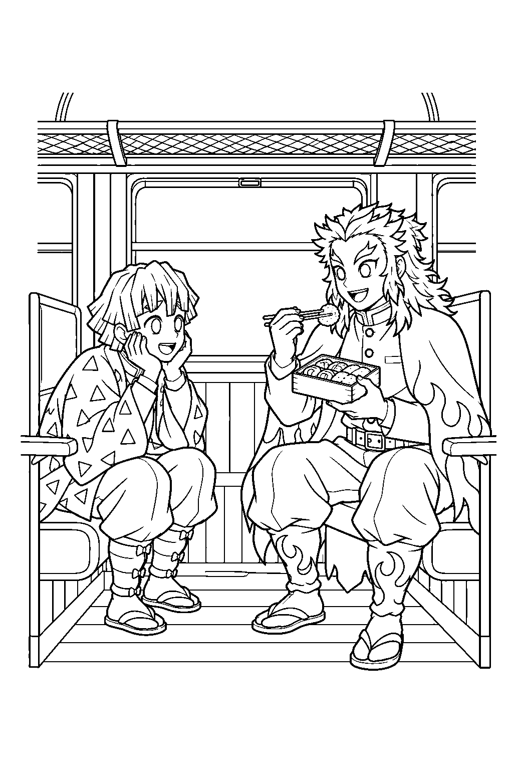 zenitsu watching kyojuro rengoku enjoy a boxed meal aboard the mugen train line art