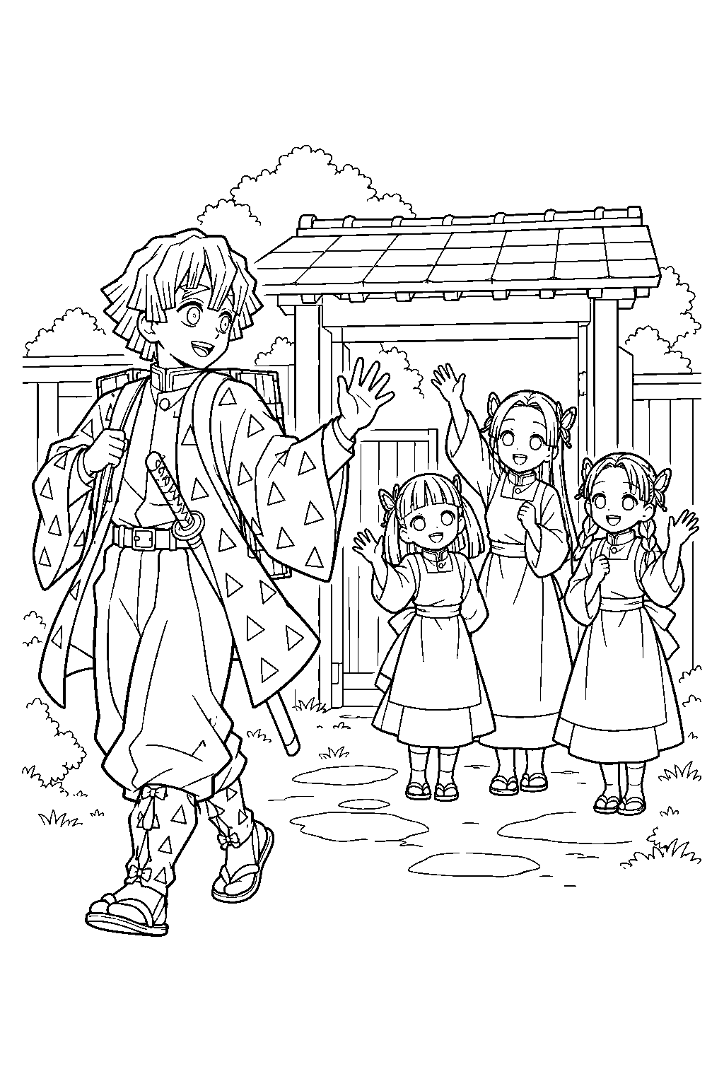 zenitsu waving goodbye to the butterfly mansion helpers before leaving on his next mission line art