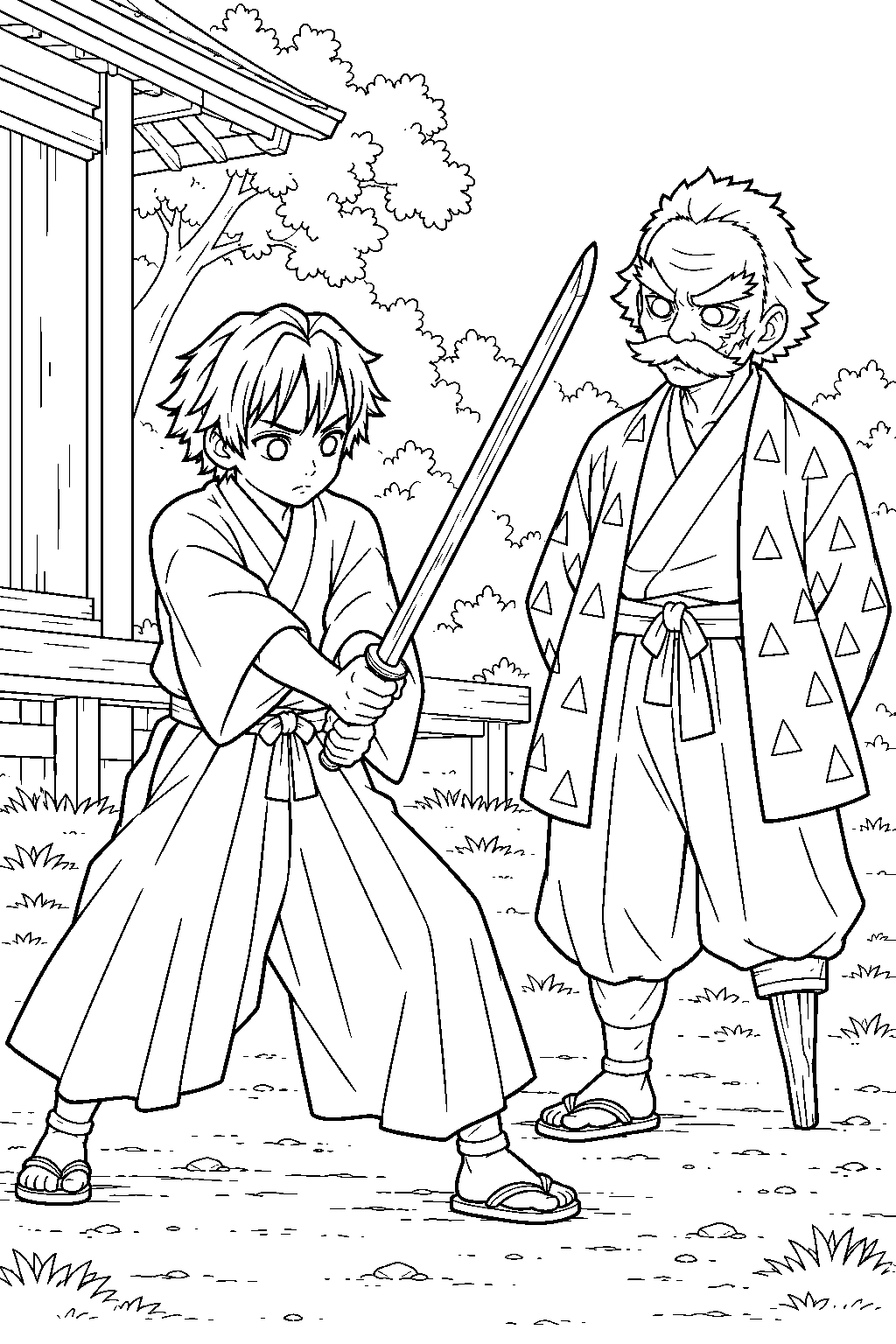 zenitsu with his original dark hair taking a sword lesson from jigoro kuwajima line art