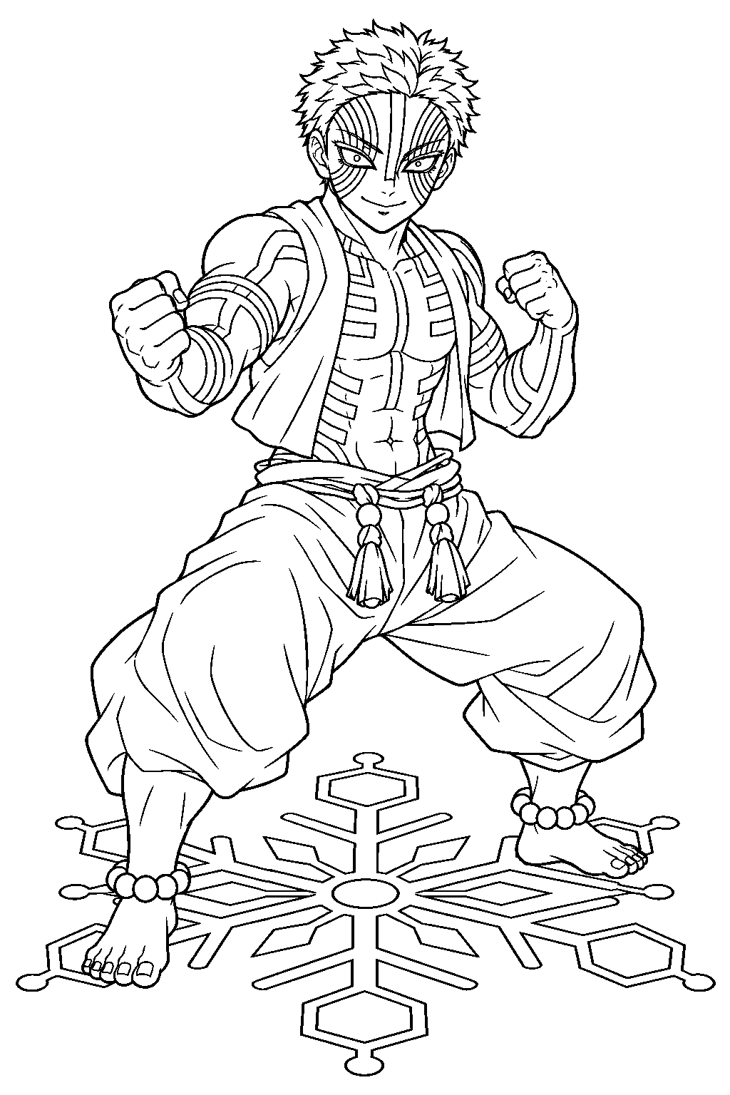 demon slayer akaza in a martial arts stance over his compass needle pattern line art
