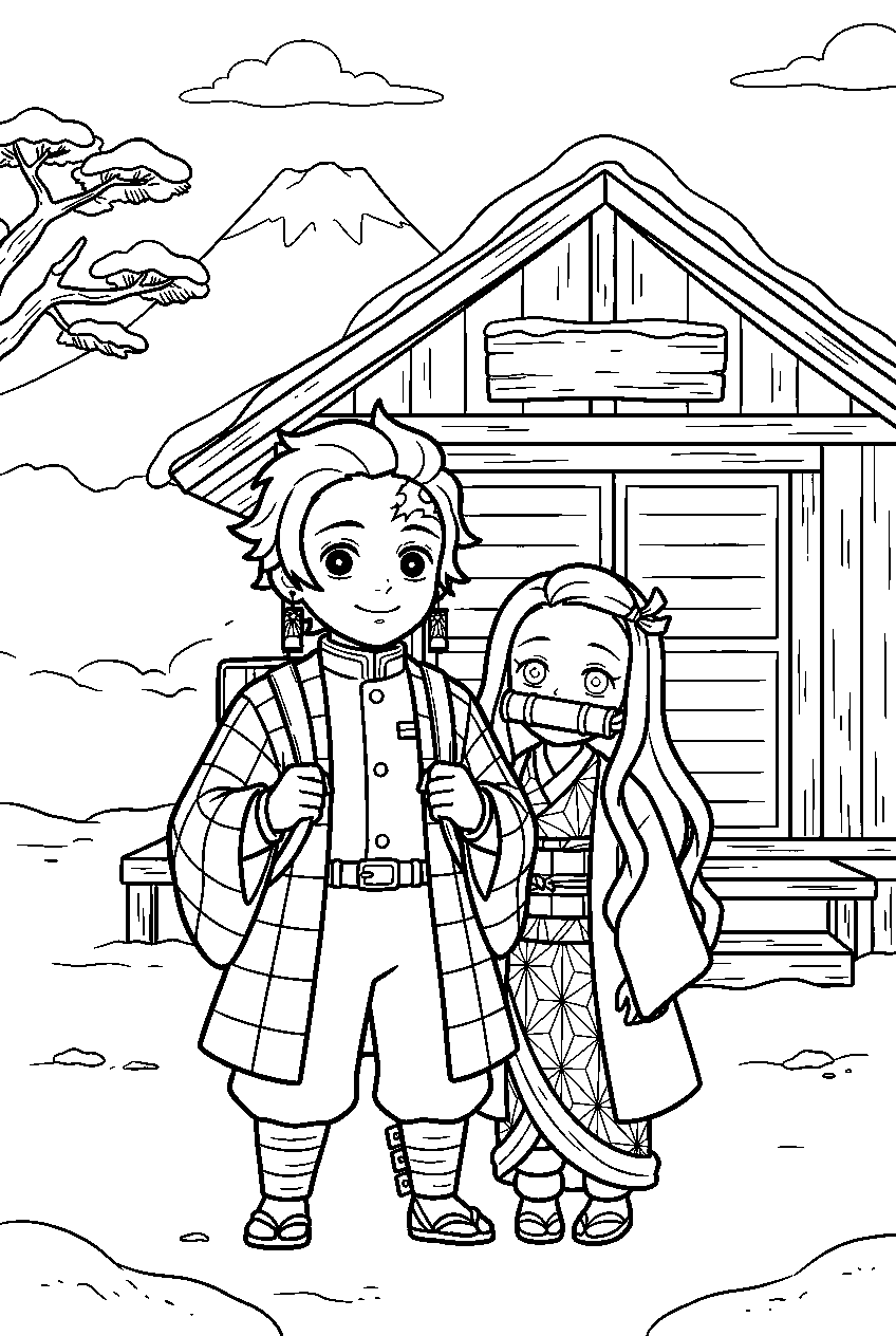 demon slayer characters at kamado family house line art