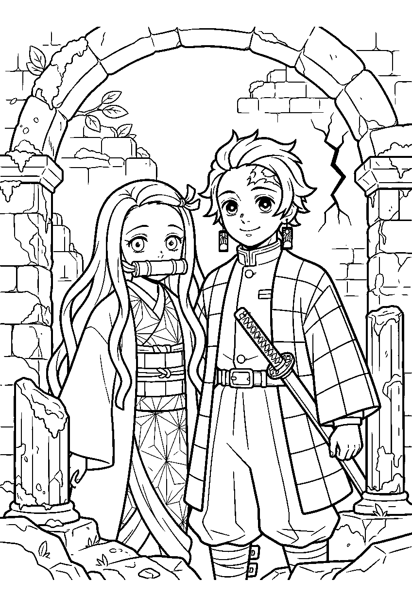 demon slayer characters in ancient ruins line art