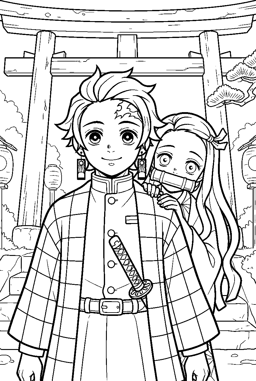 demon slayer characters in ancient shrine line art