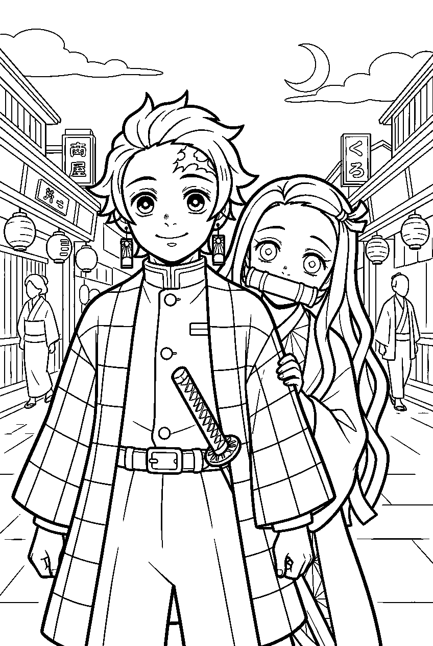 demon slayer characters in asakusa line art