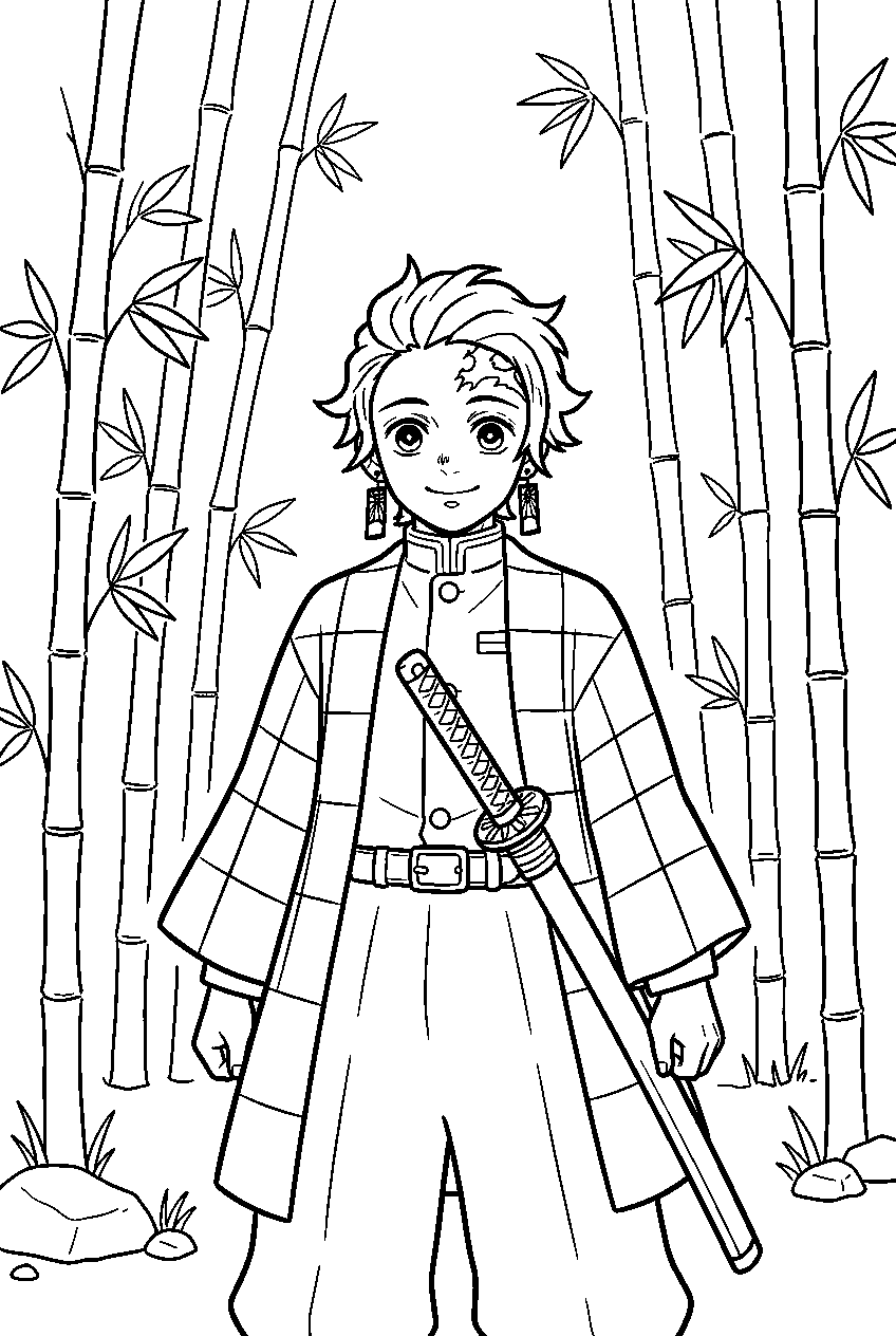 demon slayer characters in bamboo grove line art